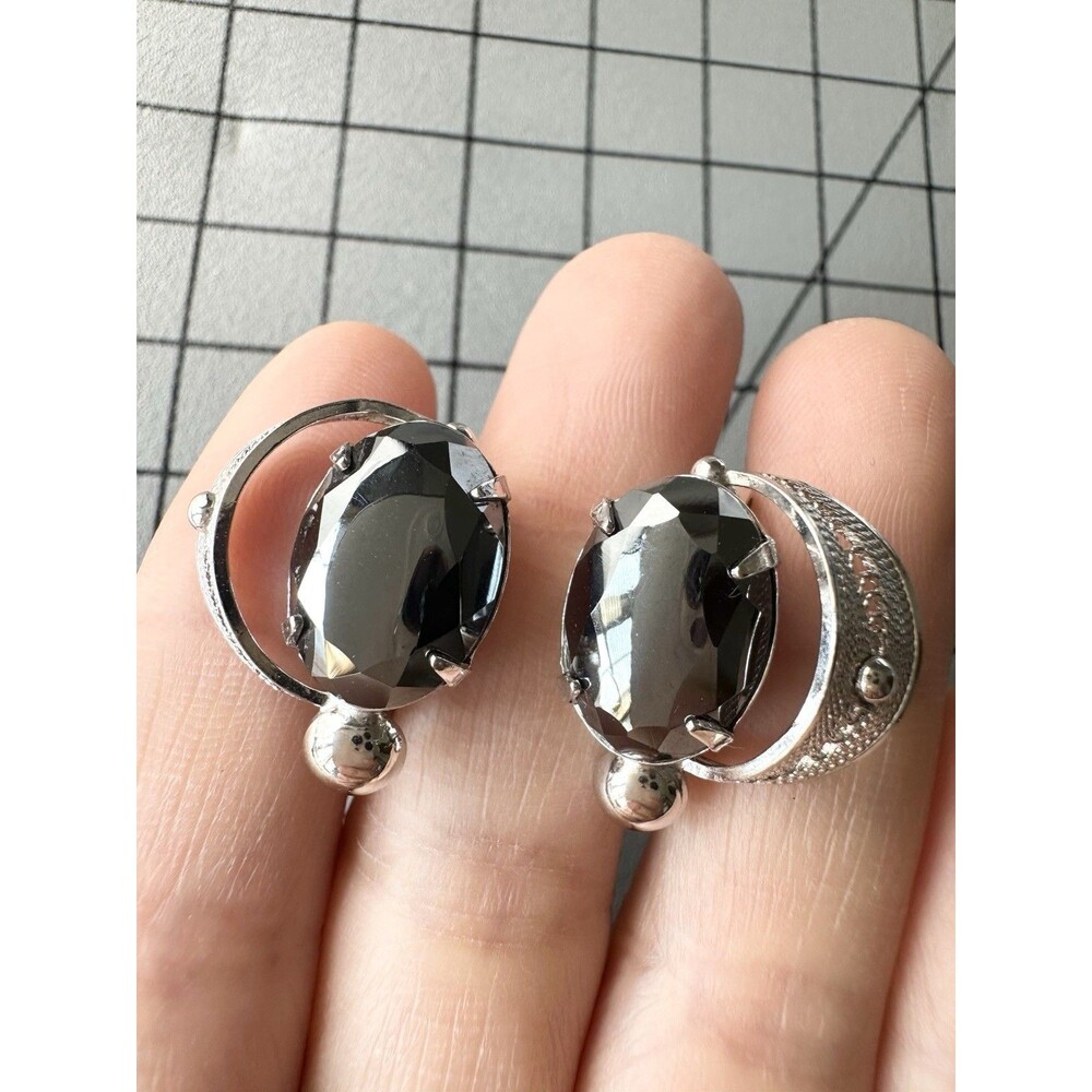 Vintage Sorrento Black Diamond Hematite EARRINGS Sterling Silver Screw Back